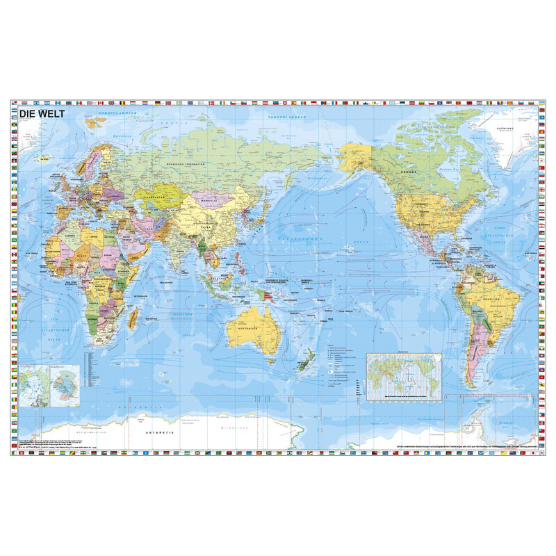 Stiefel World map Welt politisch pazifikzentriert mit Flaggenrand (98 x 68 cm)