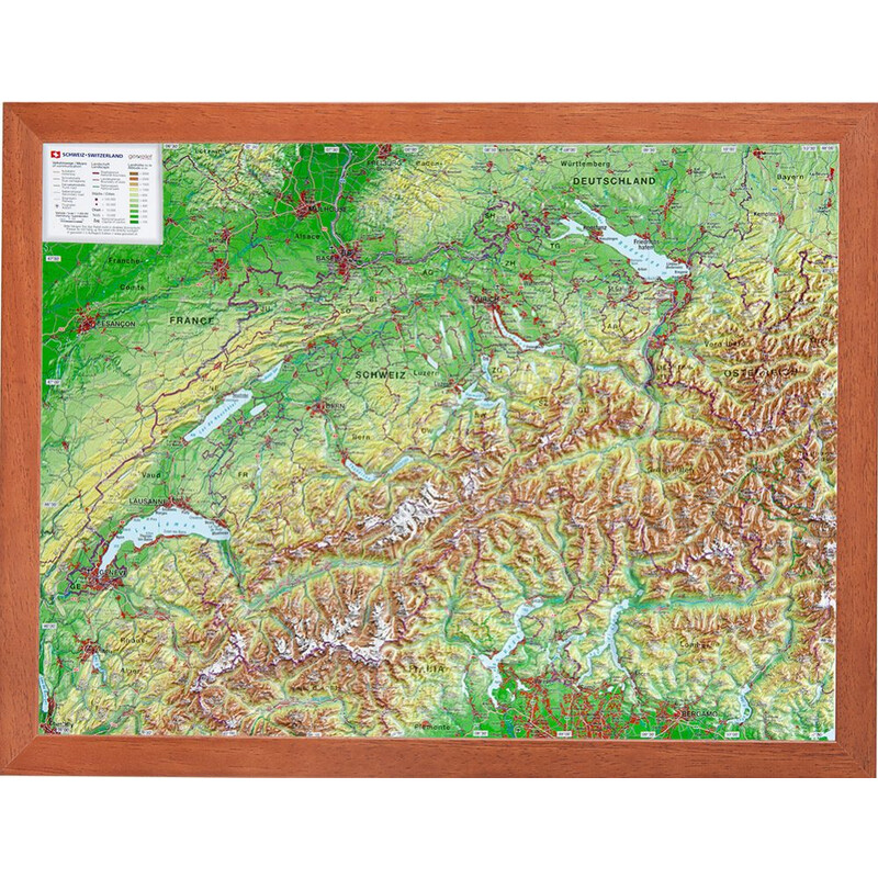 Georelief Switzerland (39x29) 3D relief map with Wood frame