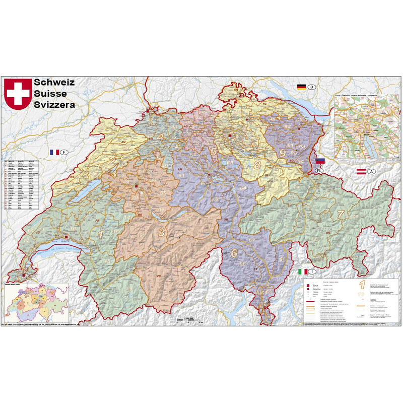 Stiefel Map Switzerland political with postcodes (95 x 62 cm)