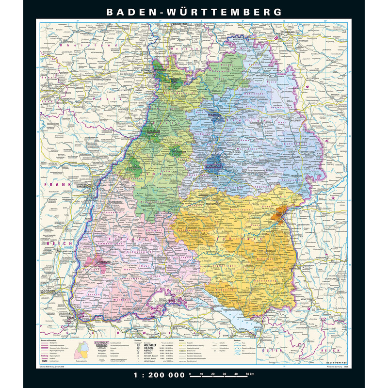 PONS Regional map Baden-Wuerttemberg Physical and political (148 x 168 cm)