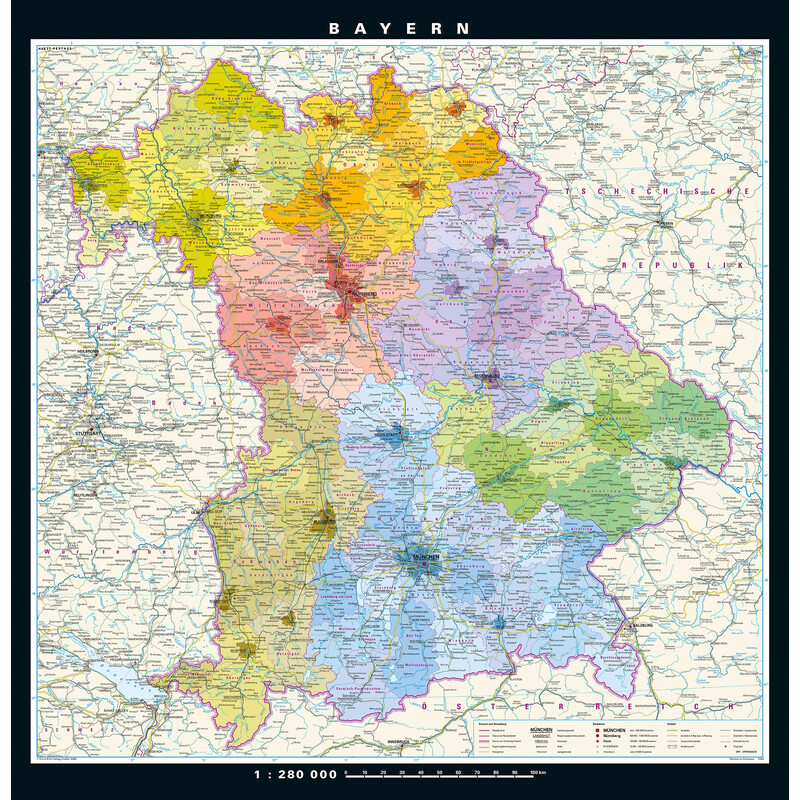 PONS Regional map Bavaria Physical and political (148 x 150 cm)