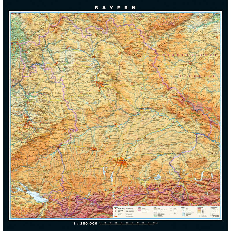 PONS Regional map Bavaria Physical and political (148 x 150 cm)