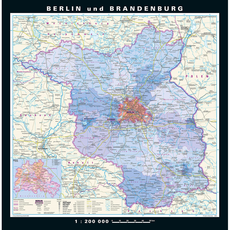 PONS Regional map Berlin-Brandenburg Physical and political (148 x 150 cm)